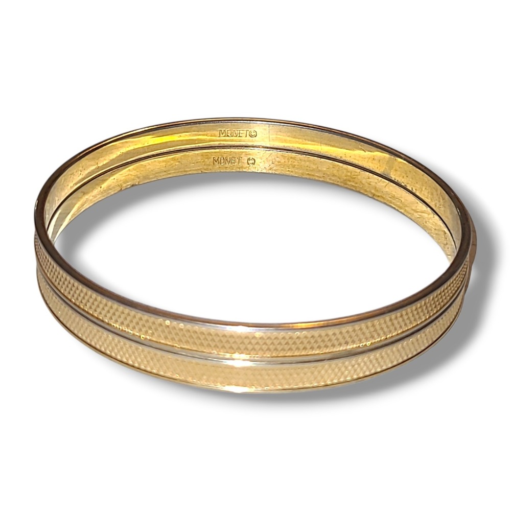 2 Vintage Monet Signed Gold Tone Textured Bangle Bracelets Classic Stackable